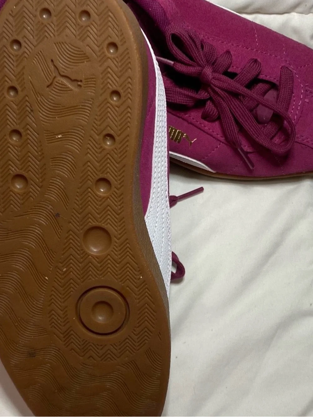 Puma Women's Suede Sneakers in Berry Pink with Gold Logo